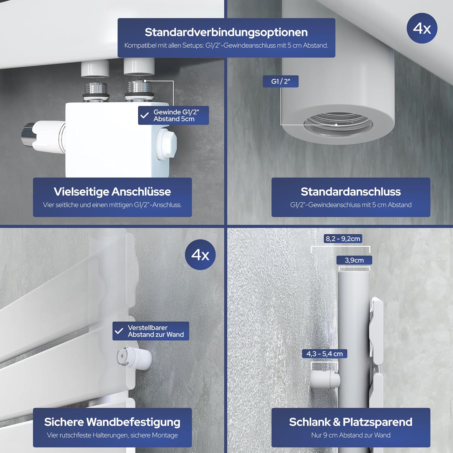 VILSTEIN Badheizkörper, Heizkörper Bad, Handtuchheizkörper Seitenanschluss & Mittelanschluss, Paneel Bad Heizkörper Flach, Paneelheizkörper Handtuchhalter, Weiß, 468W, 80x60 cm