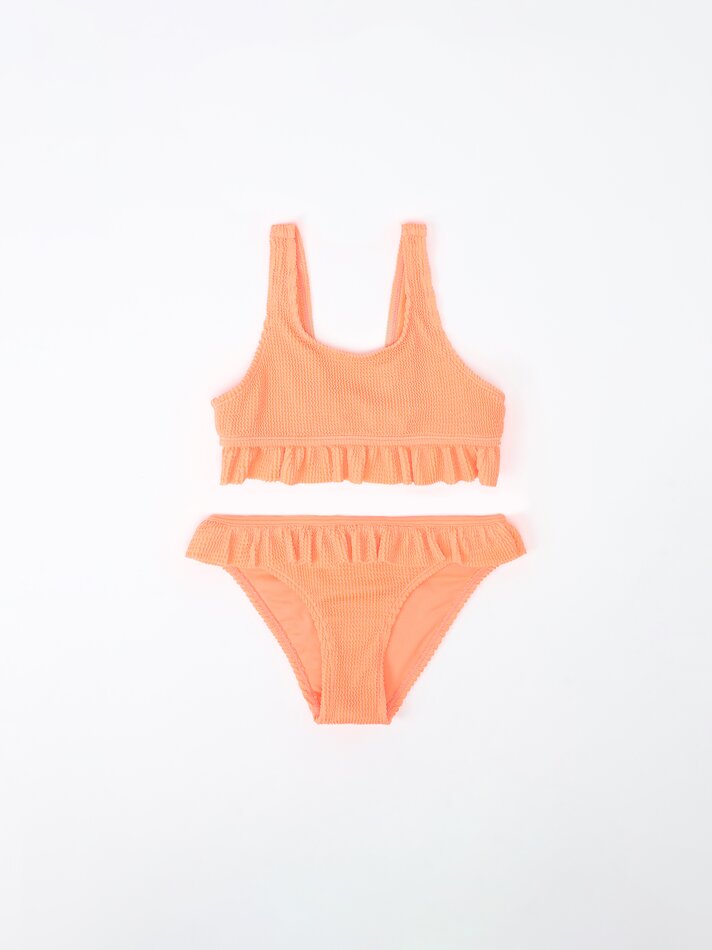 Conjunto de biquíni de duas peças em tecido texturizado com babados e elástico na cintura - Laranja Fluorescente