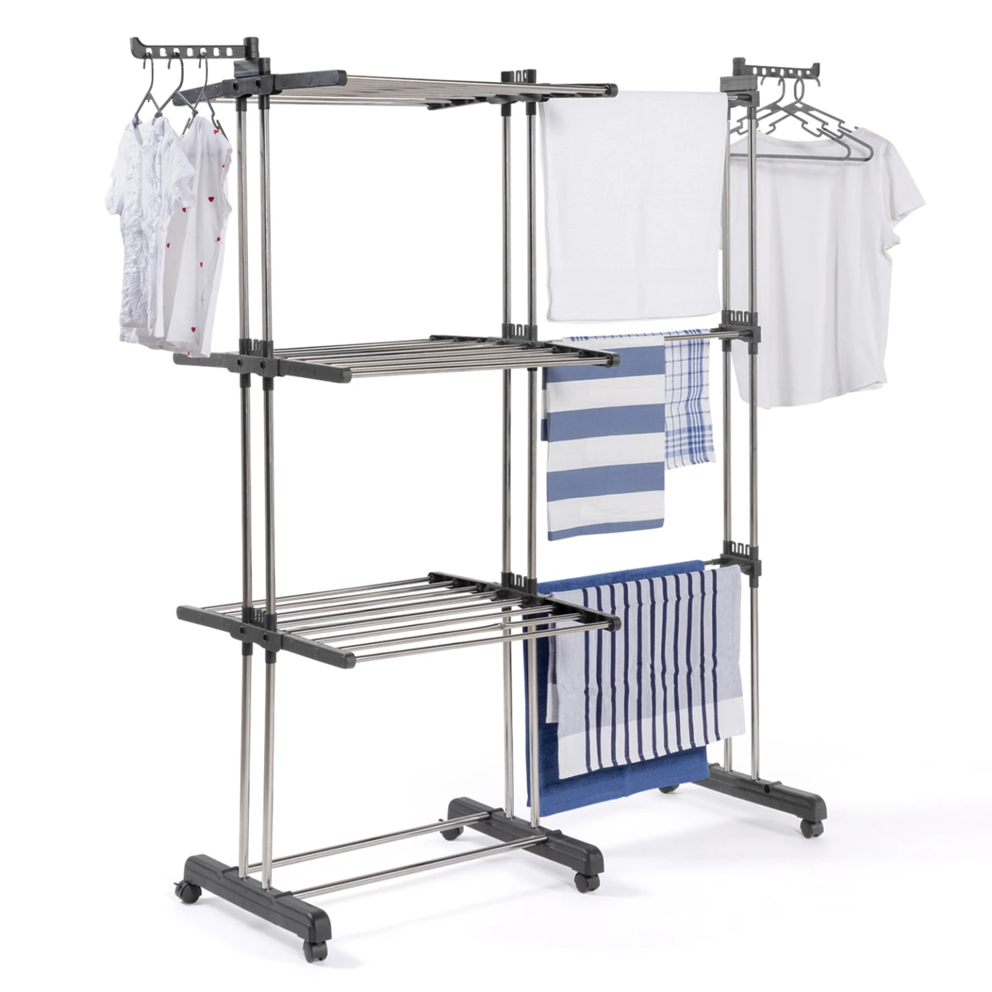 Séchoir à linge vertical pliable et extensible 3 niveaux GIGA capacité 27M avec ceintres et pinces inox et gris