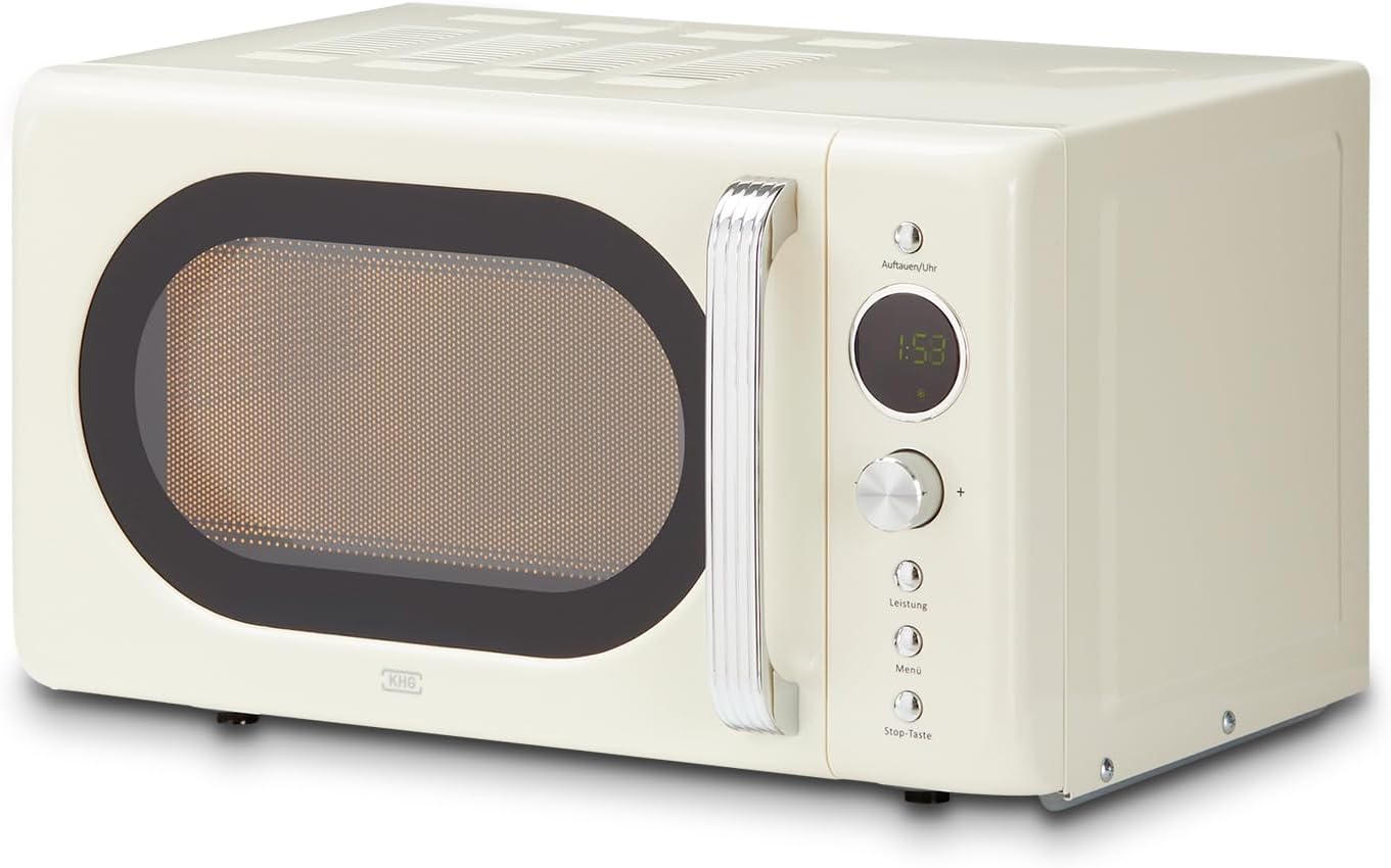 KHG Mikrowelle MW-20R2(C) 20L aus Metall in creme, 8 Automatikprogramme, 6 Mikrowellenleistungen, bis 1.200 Watt, inkl. LED-Anzeige, 60-Minuten-Timer, Drehteller und Kindersicherung