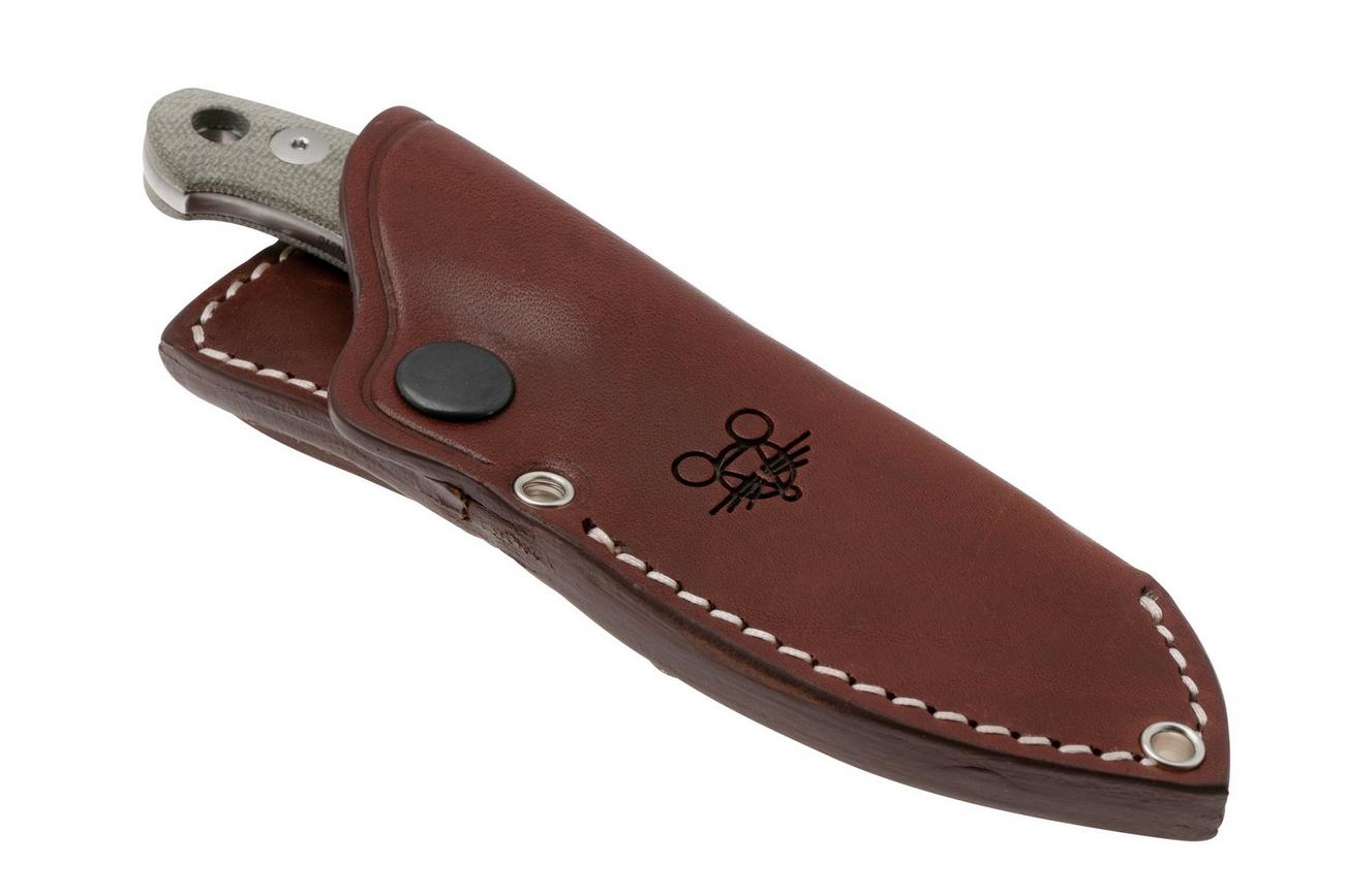 GiantMouse GMF1-XL Green Canvas Micarta, Stonewashed N690, Burgundy Leather Sheath, vaststaand mes