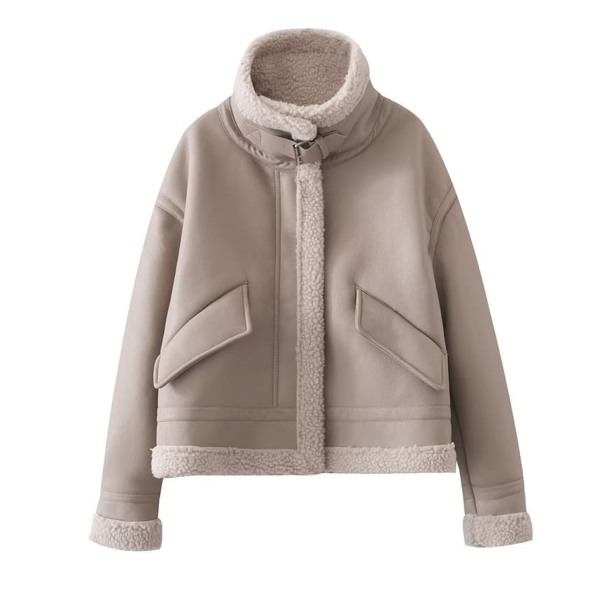 Overing - Lange mouwen imitatieleren fleece jas met rits