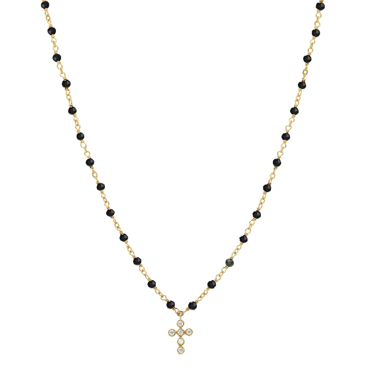 Collier Argent Doré Croix En Zirconium Blanc Et Pierres Spinelle Noires