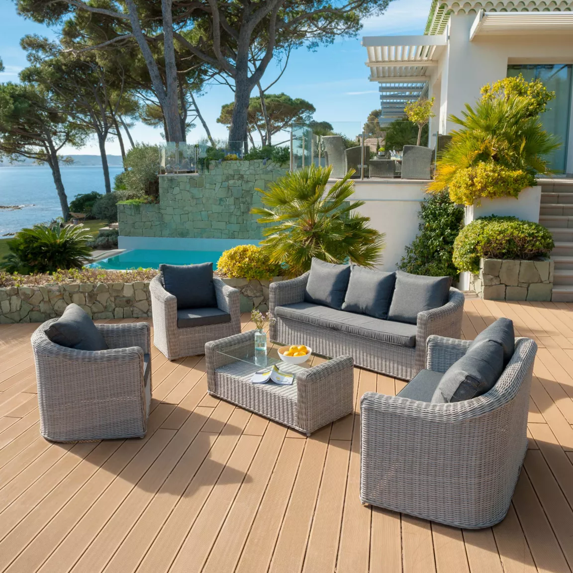 Table basse de jardin rectangulaire résine tressée Calvi Gris