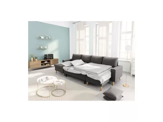 Canapé Panoramique Scandinave Convertible 2 Coffres en Tissu Déperlant