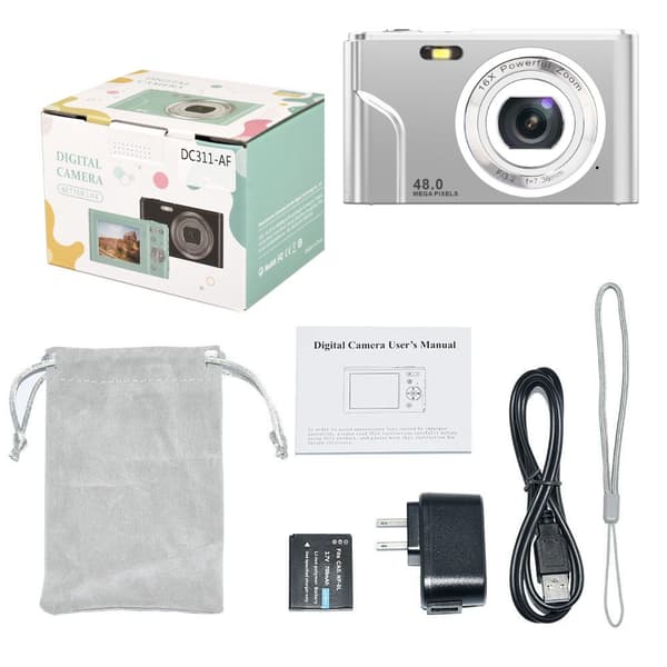 INF Digitalkamera med 48 MP, HD 1080p, 16x zoom, minnekort