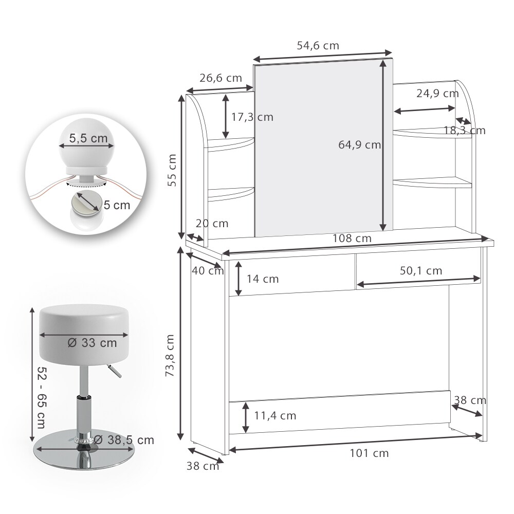 VICCO LED Schminktisch CHARLOTTE Frisiertisch Weiß Eiche Kosmetiktisch Hocker