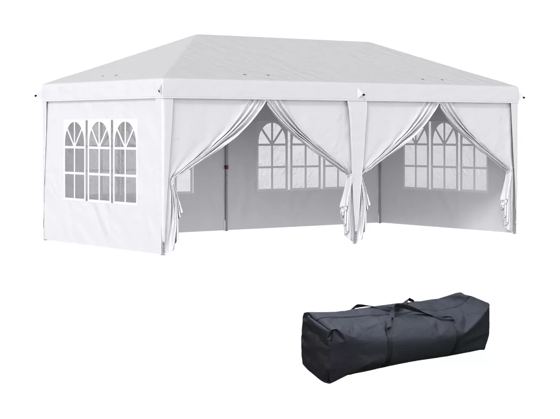 Tonnelle barnum pliant pop-up imperméabilisé 5,85L x 2,95l x 2,7H m 6 parois latérales amovibles 4 fenêtres + sac de transport blanc