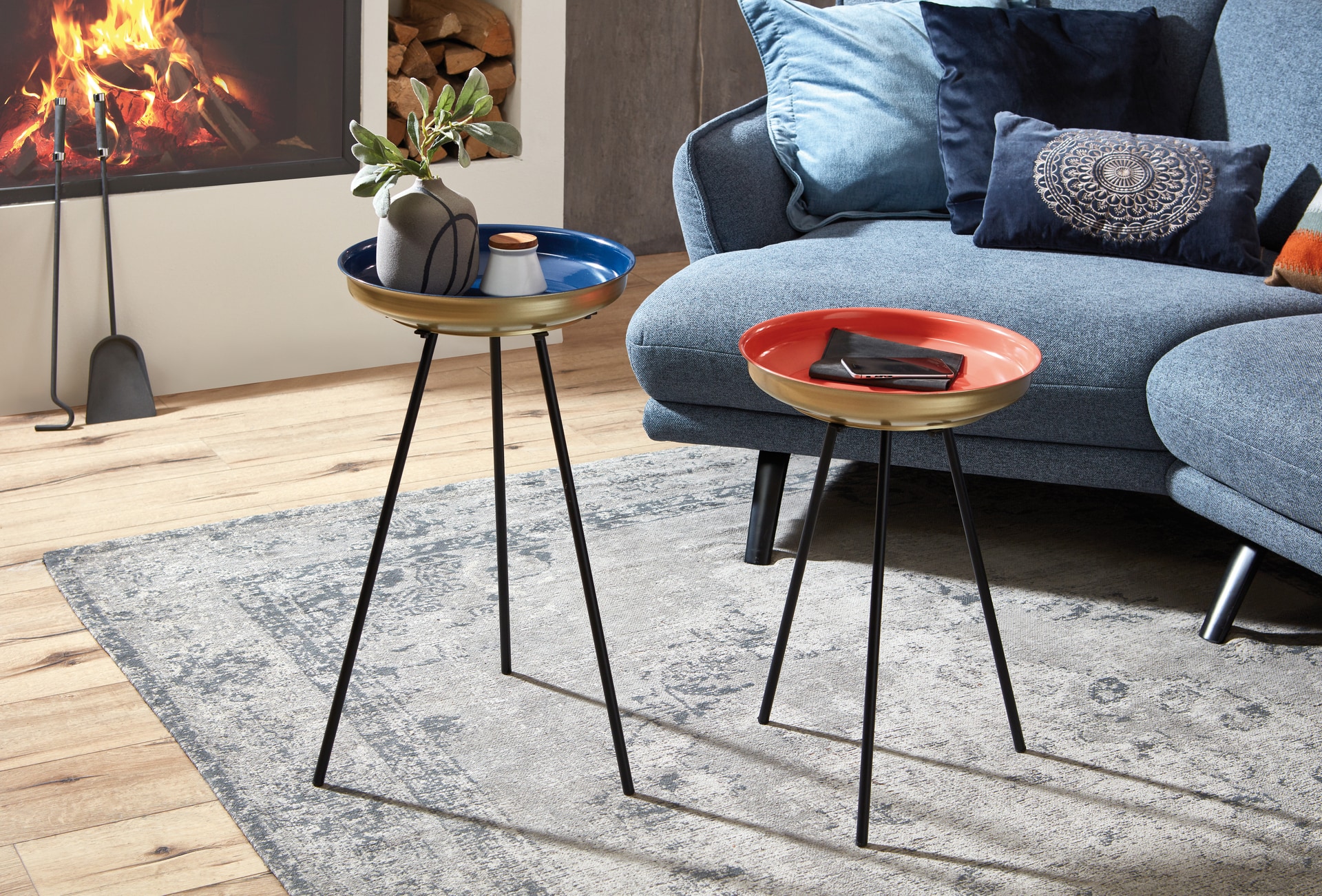 Beistelltisch 2er-Set Ø 38 cm schwarz/goldfarbig/koralle/blau