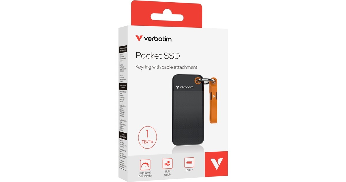 VerbatimPocket 1 TB externe SSD  (Zwart/oranje, USB-C 3.2 Gen 2 (10 Gbit/s), Incl. met sleutelhanger en kabelbevestiging)