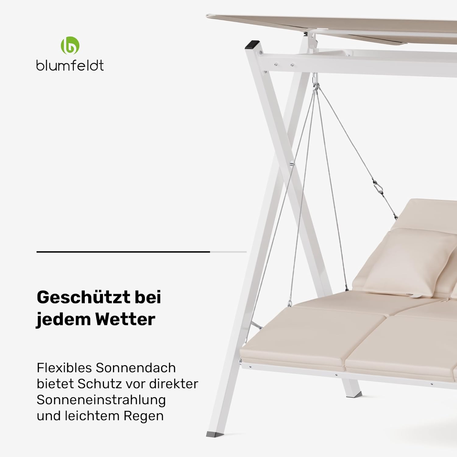 blumfeldt FlexiSwing Hollywoodschaukel 4-Sitzer – Verstellbare Rückenlehne & Sonnendach, 320 kg Kapazität, Wetterfester Stahlrahmen, Inklusive 6 cm Kissen, Gartenschaukel