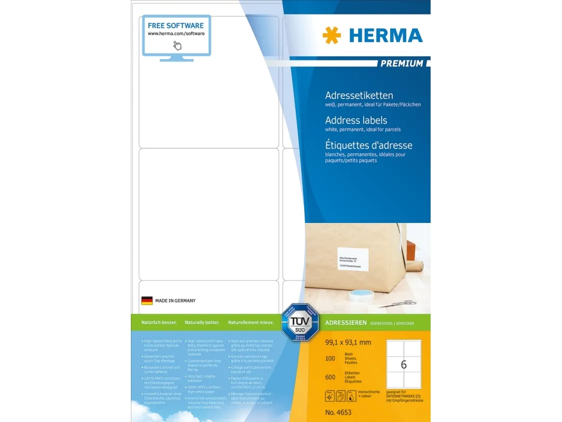 HERMA Premium etiket 93.1 x 99.1 mm mat hvid permanent selvklæbende (pakke á 600 stk.)