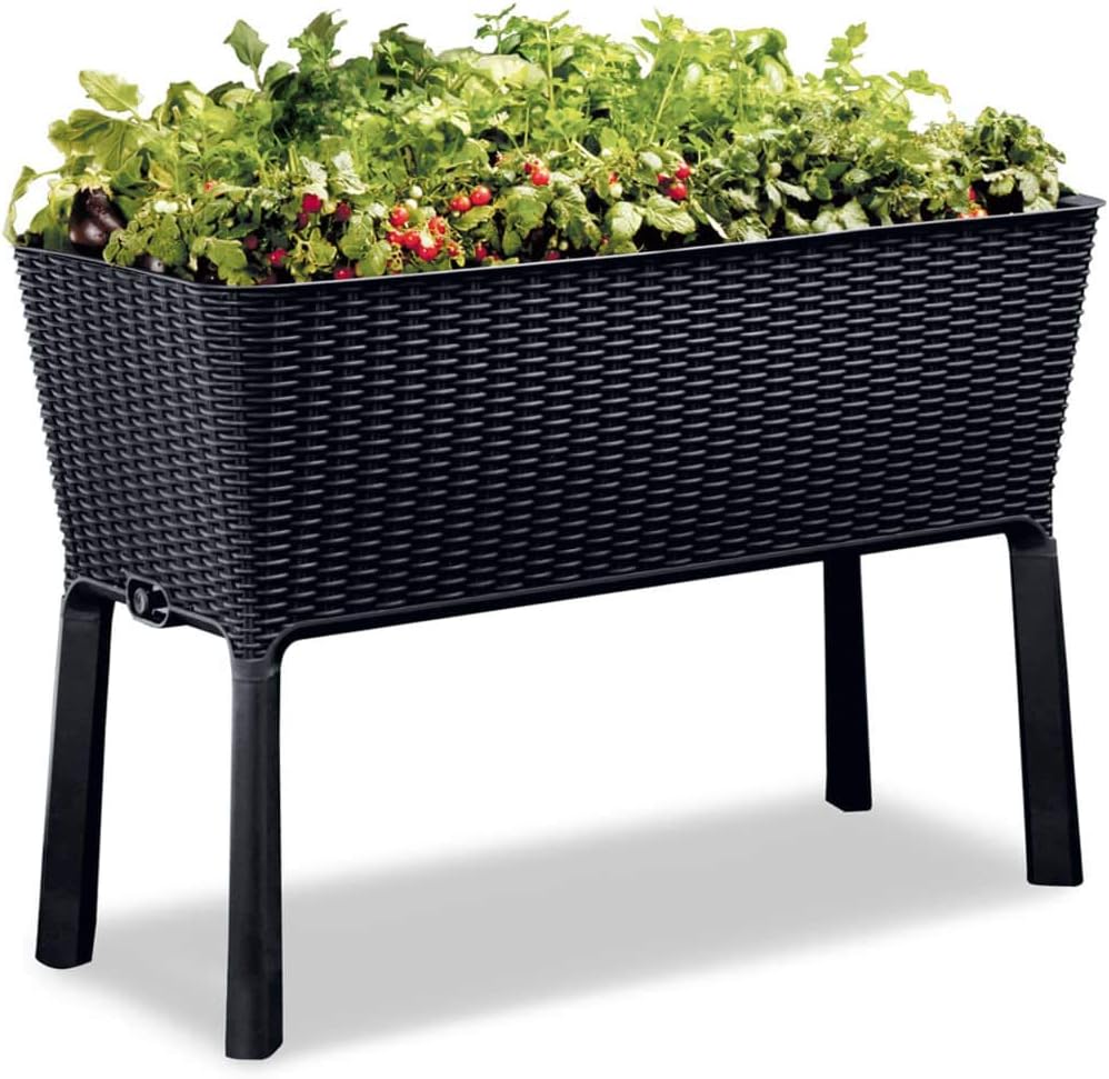 Keter Easy Grow modernes Hochbeet, grau, inkl. Bewässerungssystem, Rattanoptik, passend für Balkon, Terrasse oder Garten