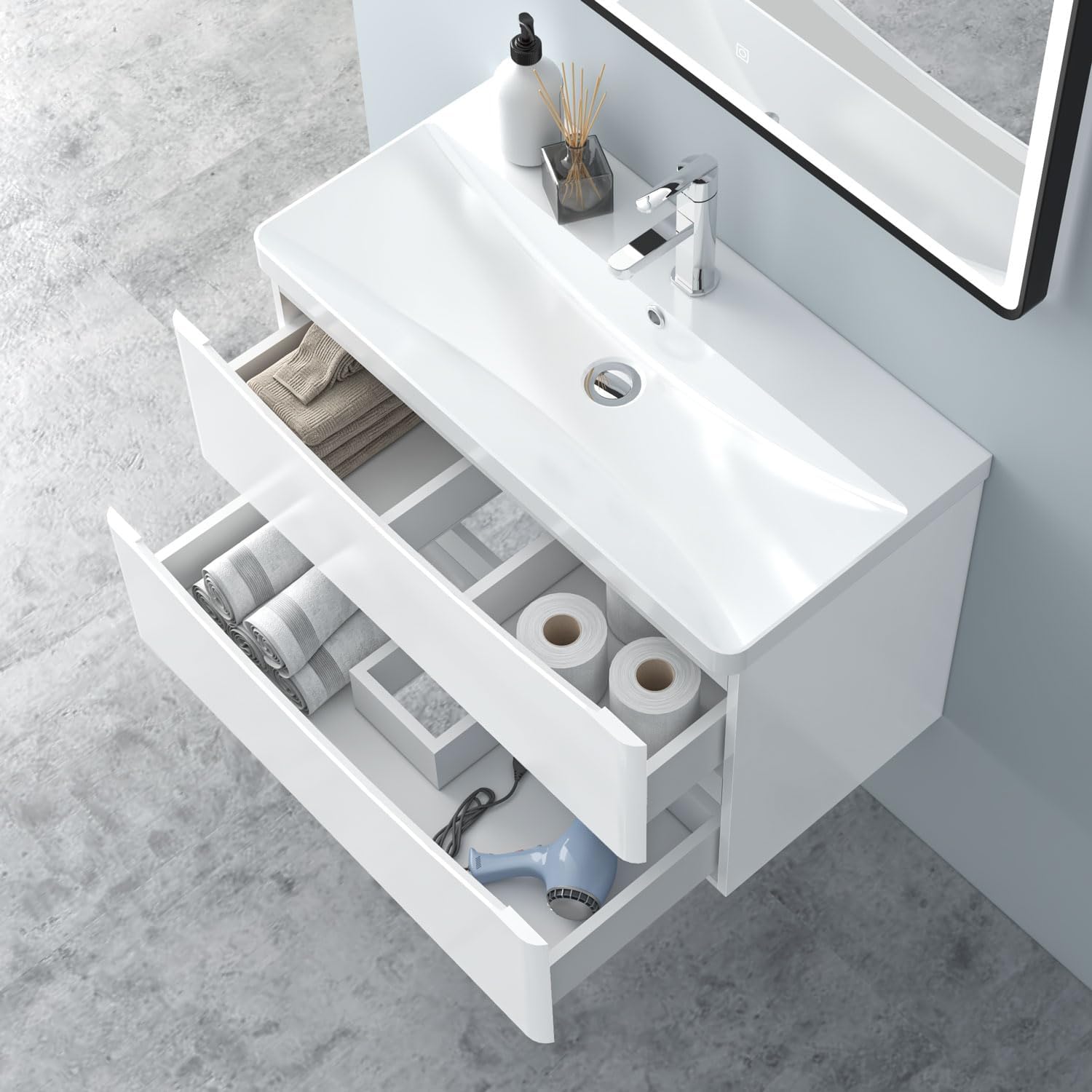 Hochglanz Weiß Badezimmerschrank 80cm Mineralgusswaschbecken mit Unterschrank Badmöbel-Set 2 Soft-Close Schubladen Hängend