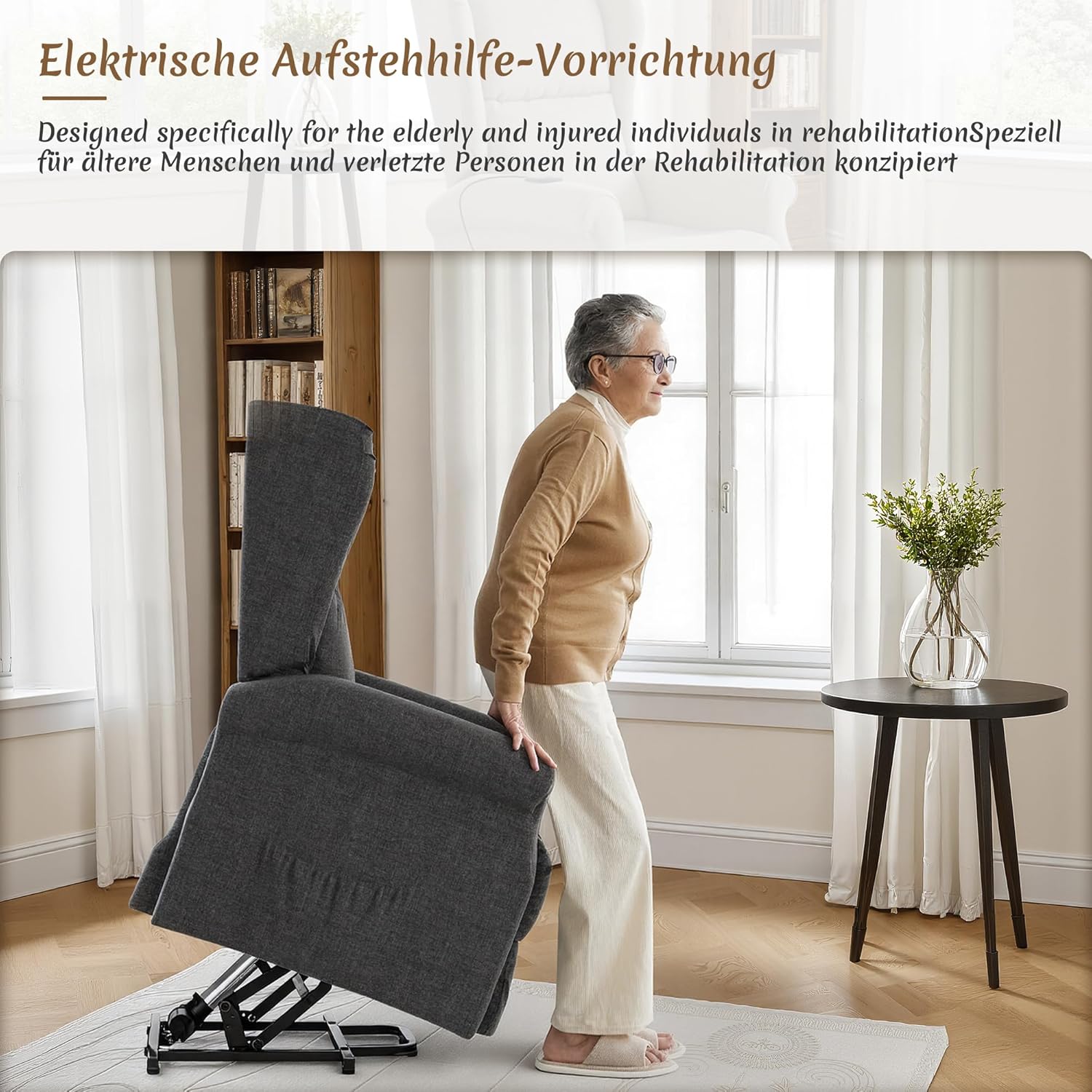 Elektrischer Aufstehsessel, Fernsehsessel mit Aufstehhilfe, Relaxsessel mit Liegefunktion, Liegesessel für Senioren, mit Fernbedienung, Fußstütze, Sesselsofa, Dunkelgrau