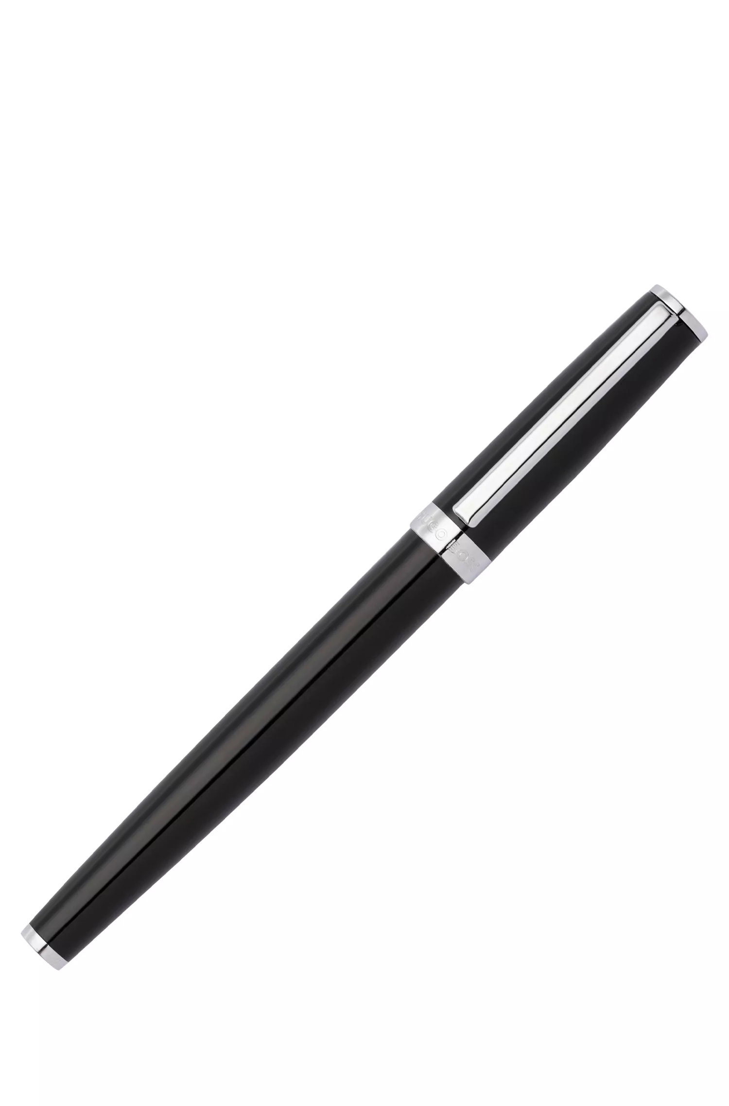 Caneta-tinteiro BOSS preta com acabamento em laca brilhante e anel com o logotipo.