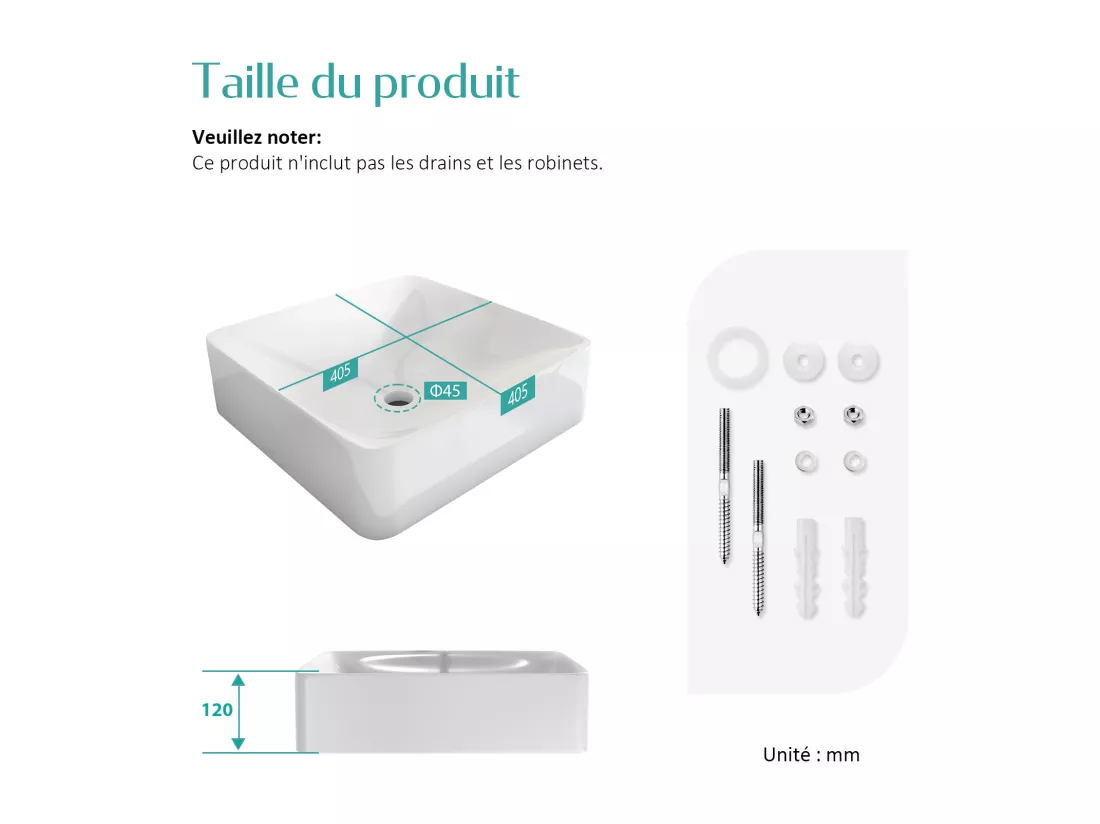 EMKE Vasque à Poser en céramique 40,5×40,5×12cm, Lavabo salle de bain carré, Lavabo à poser blanc brillant