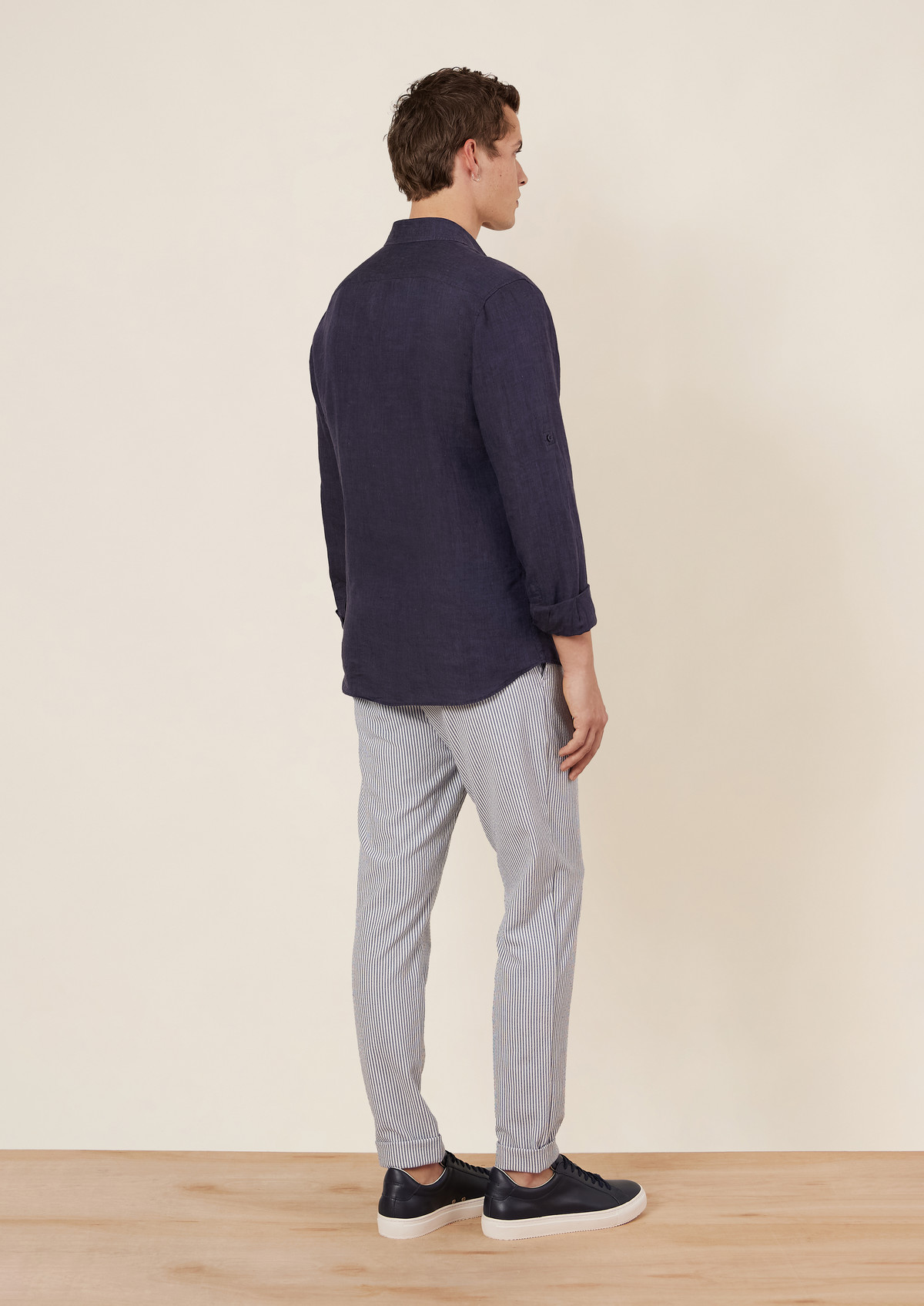 Pantalon casual slack skinny blanc à rayures bleu jeans