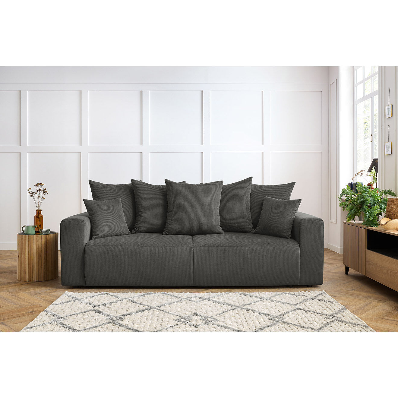 Bobochic Canapé droit fixe 3 places envy velours côtelé gris foncé - 240x100x95 cm