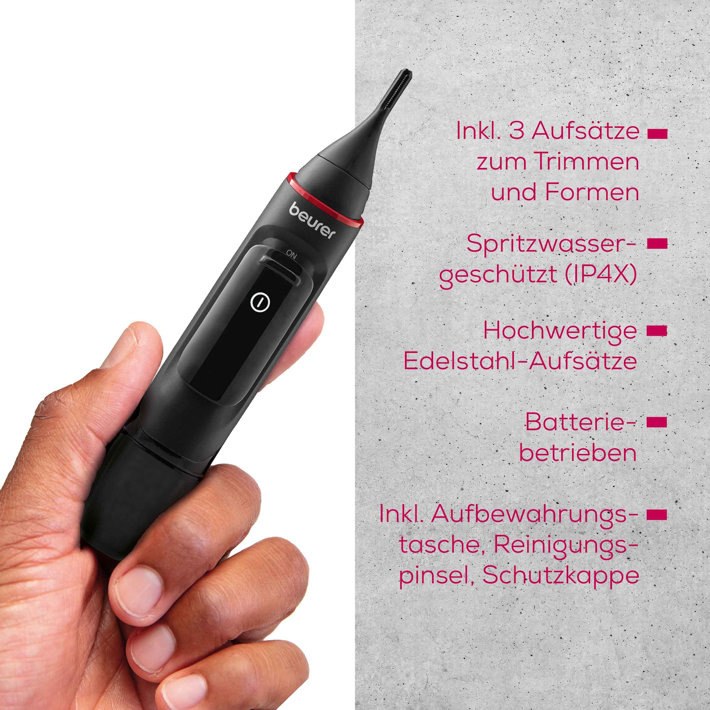 BEURER Nasen- und Ohrhaartrimmer »MN3X, Präzisionstrimmer für Augenbrauen, Nasen- sowie Ohrhaare« 3 Aufsätze Mit 2 Aufsätzen und extra Kammaufsatz mit 3 und 6 mm