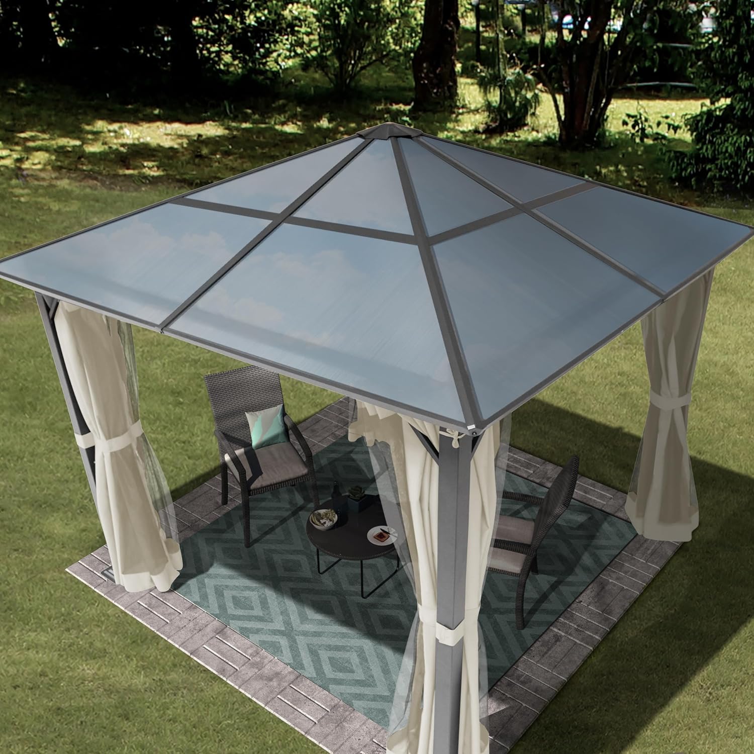 TOOLPORT Gartenpavillon 3x3 m Polycarbonat Dach ca. 6 mm - Hardtop Pavillon mit 4 Seitenteilen und Moskitonetzen in crème