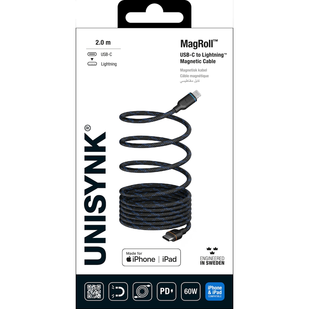 Unisynk MagRoll Magnetic 60W USB-C til Lightning adapter (2m)
