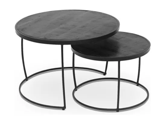 Table basse gigogne ronde en bois massif exotique. Finition noir. Collection LARSON.
