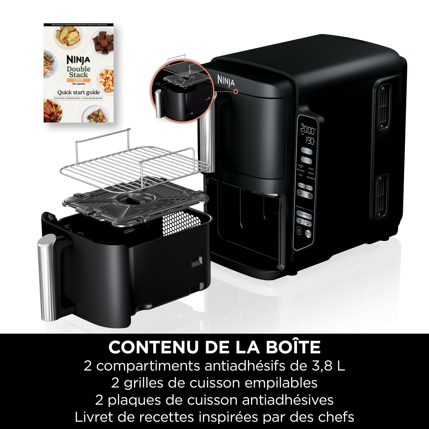 Ninja Double Stack Air-Fryer, Friteuse verticale sans huile à 2 tiroirs, 4 niveaux cuisson, 2 tiroirs et 2 grilles, design compact, capacité de 7,6L,