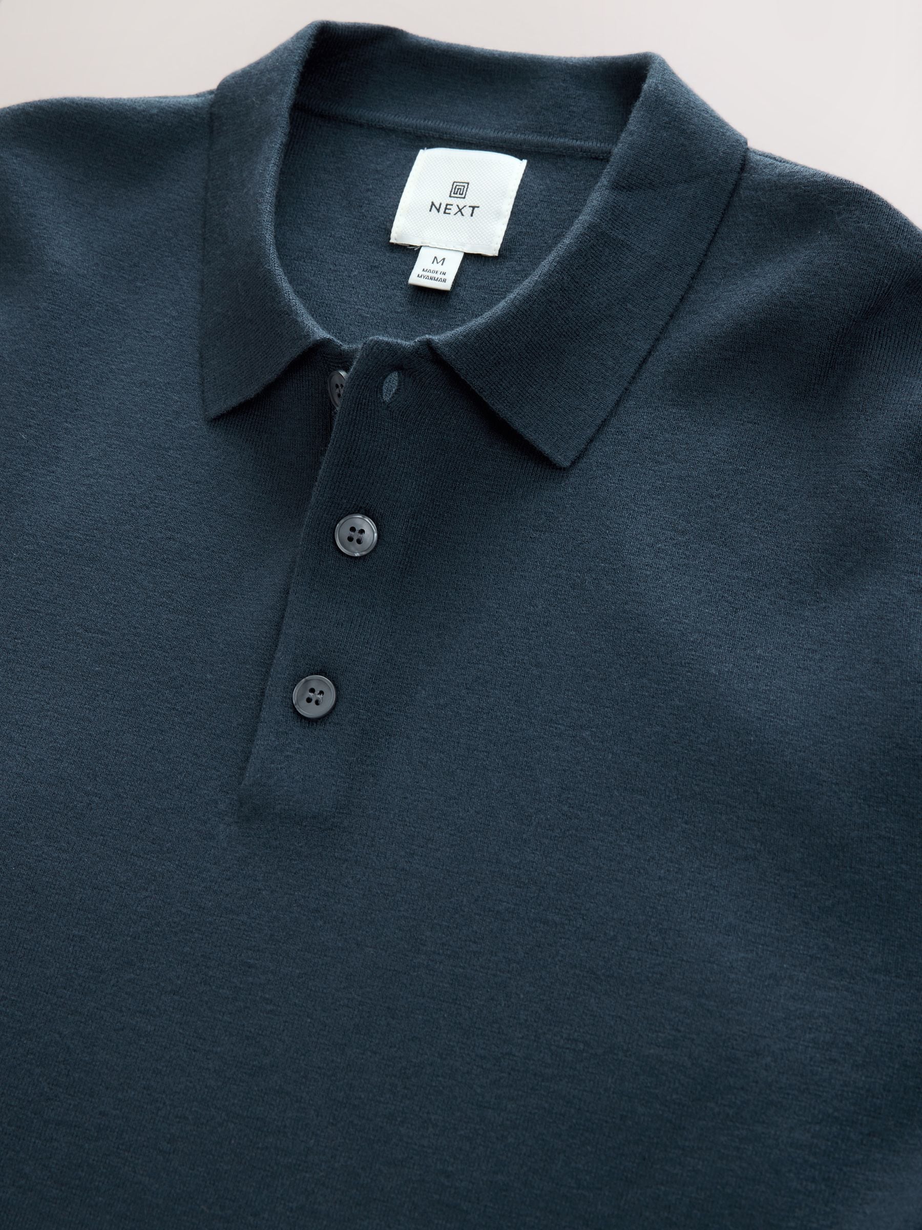 Blauw - Knopen bij de hals - Regular Fit Premium Mid Weight Long Sleeve Knit Polo Shirt