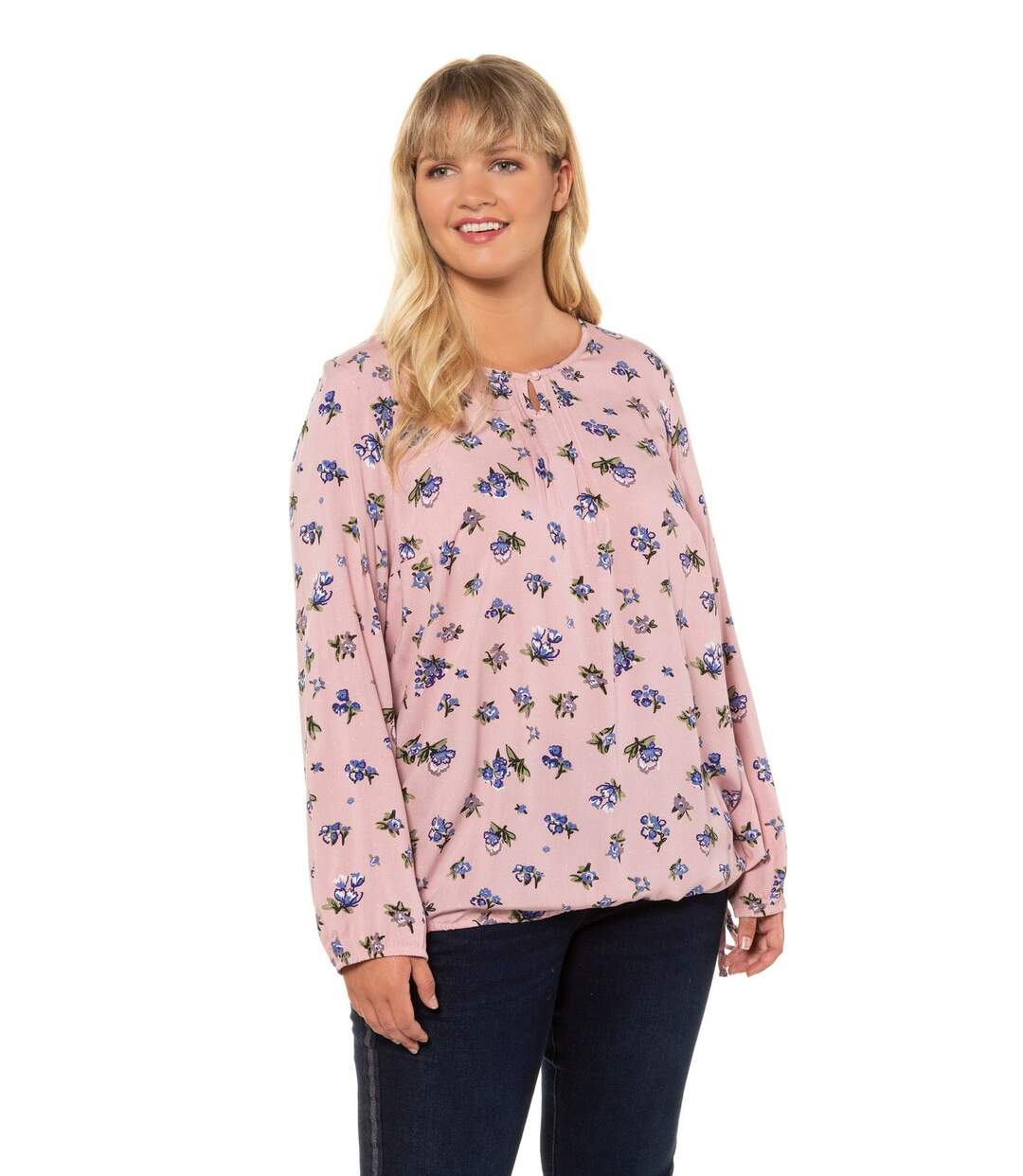 ULLA POPKEN Tunique fleurie Encolure à nervures Ourlet rose