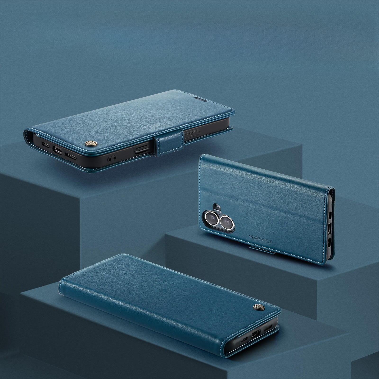 iPhone 17 Leder Tasche Flip Wallet Etui mit Kartenfächern Litchi Look (RFID Schutz) - Blaugrün