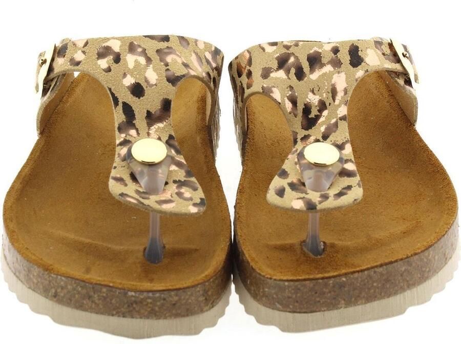 Develab 48202 leren teenslippers met panterprint beige goud
