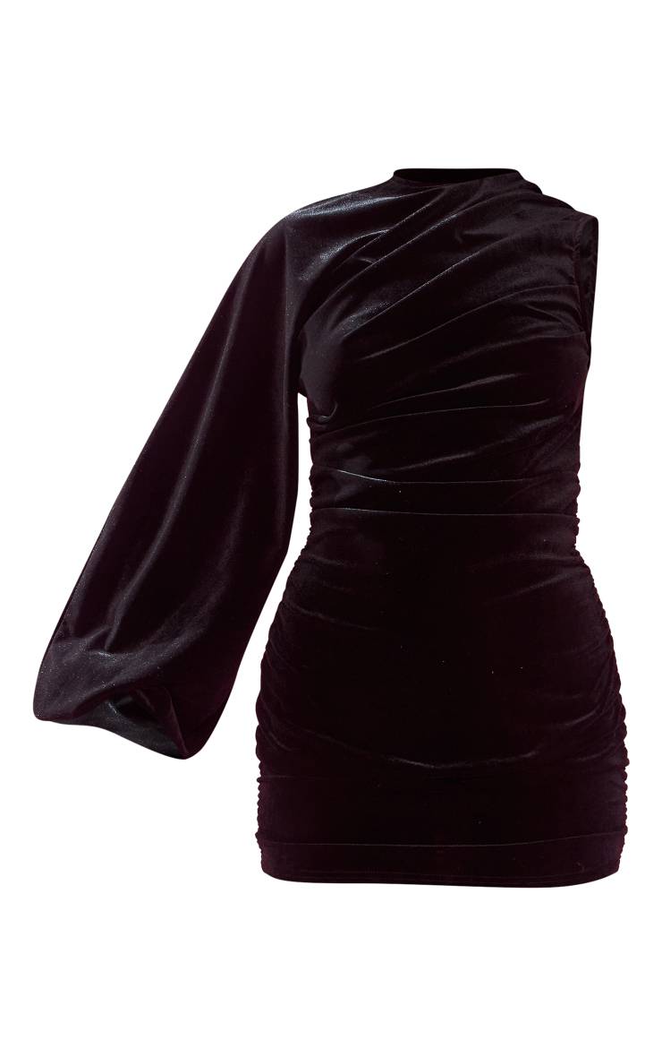 Noir Robe Moulante En Velours À Une Épaule Avec Détails Froncés