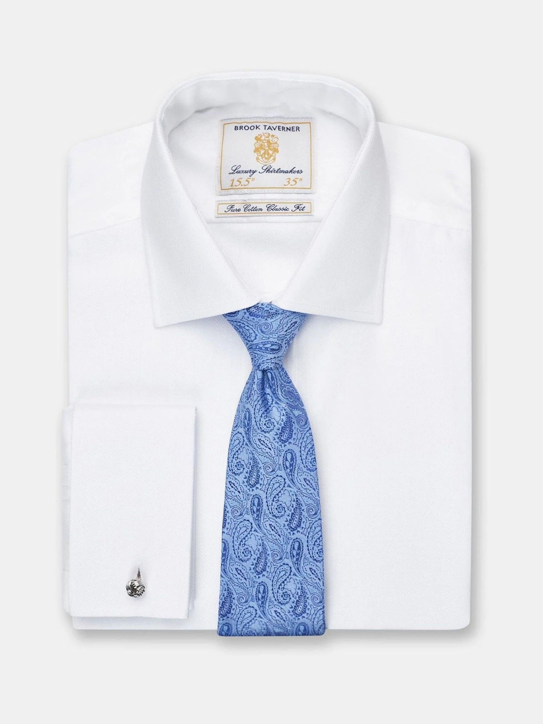 Wit - Standaard - Brook Taverner Double Cuff Herringbone Cotton Shirt