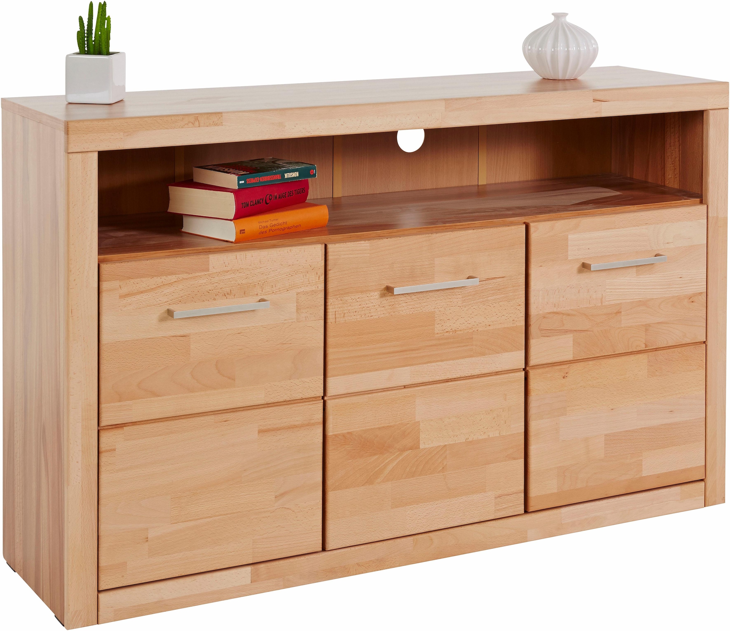 Home affaire Sideboard »Ribe,130cm breit, Fronten Massivholz,7 Fächer« Holz massiv, Holzwerkstoff, Metall Griffe,3 Türen