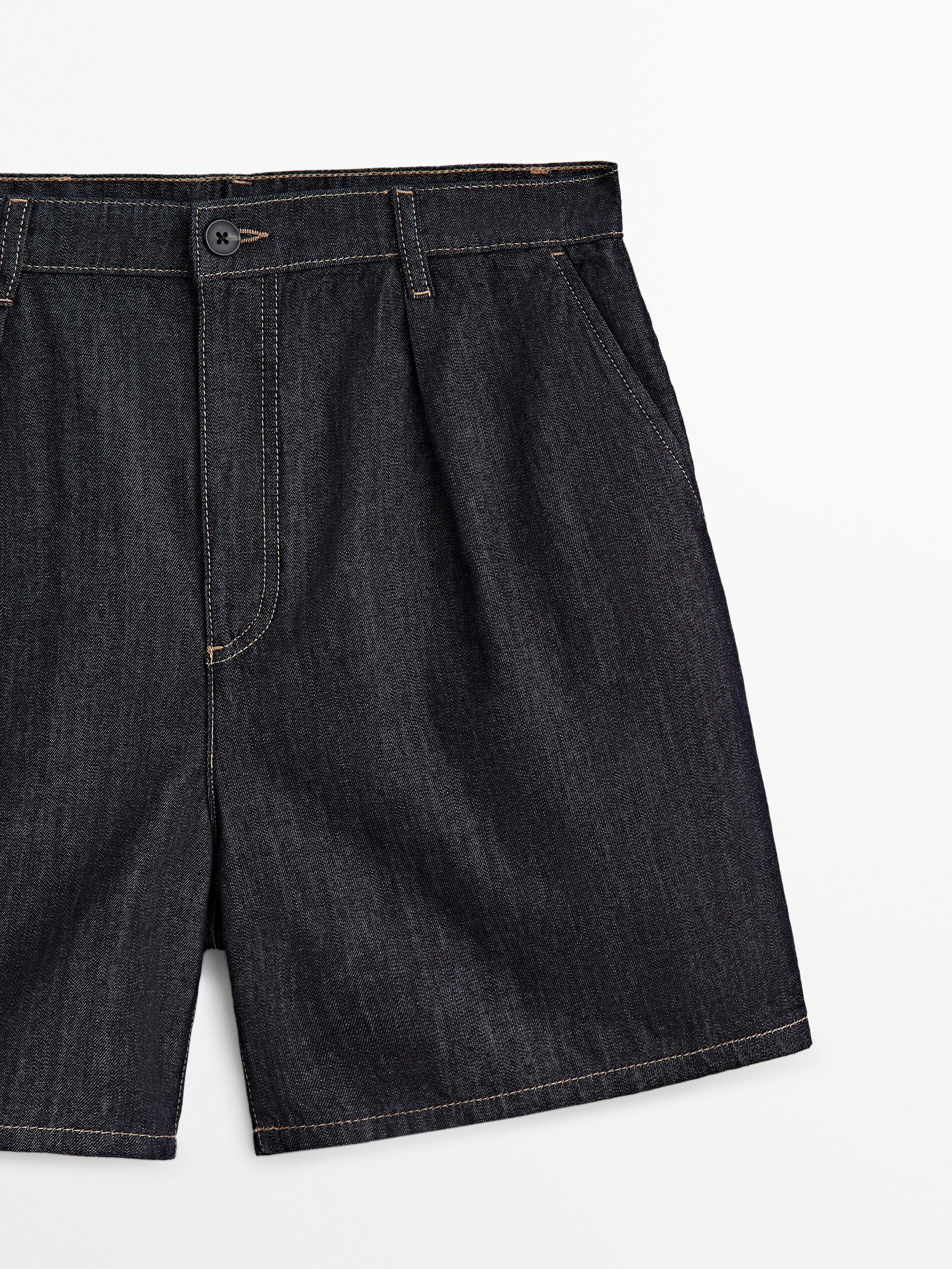 Shorts jeans plissados de cintura alta - AZUL ESCURO