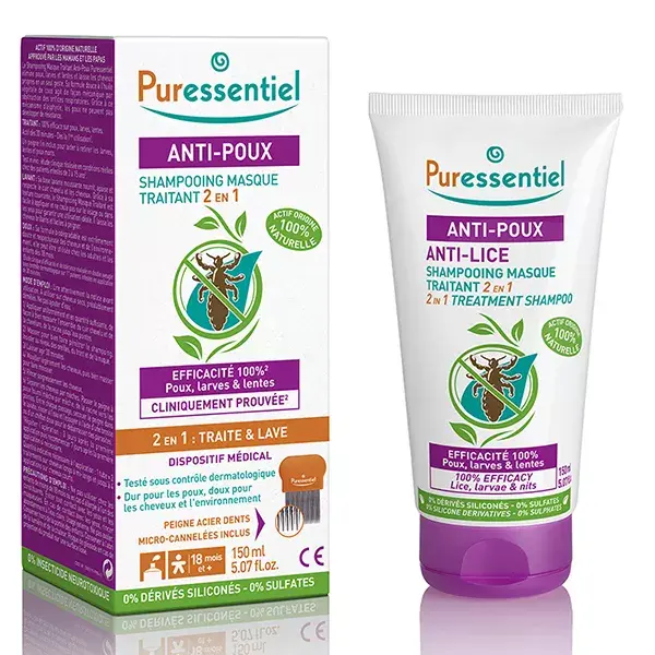 Shampoo e máscara de tratamento 2 em 1 Puressentiel Antipiolhos 150ml + pente