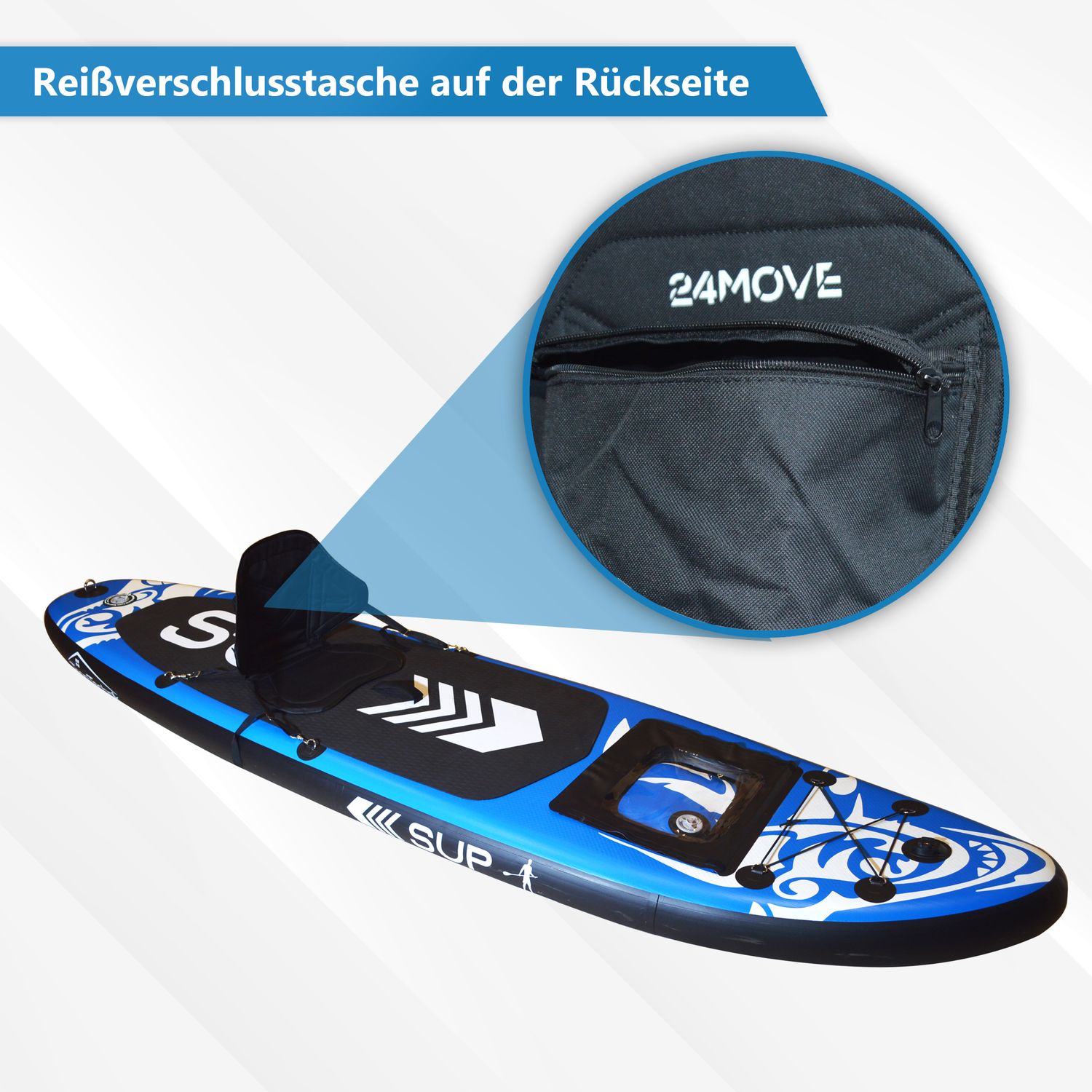 24MOVE® SUP Kajak Sitz für Paddle Boards und Kajaks, gepolstert und ergonomisch, mit Tasche, Surfboard, Stand Up Sitz