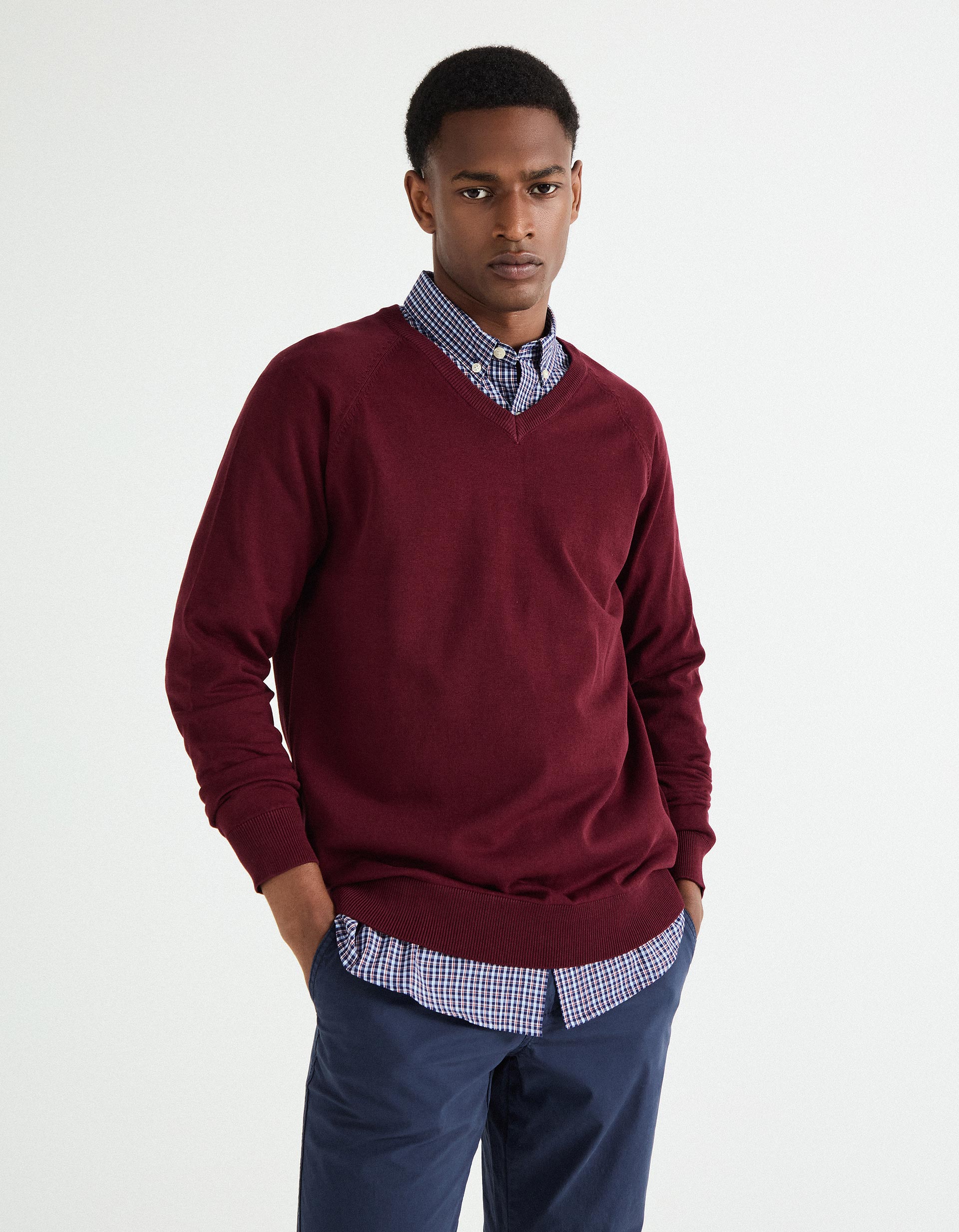 Camisola de Malha Decote em V, Homem, Vermelho Escuro