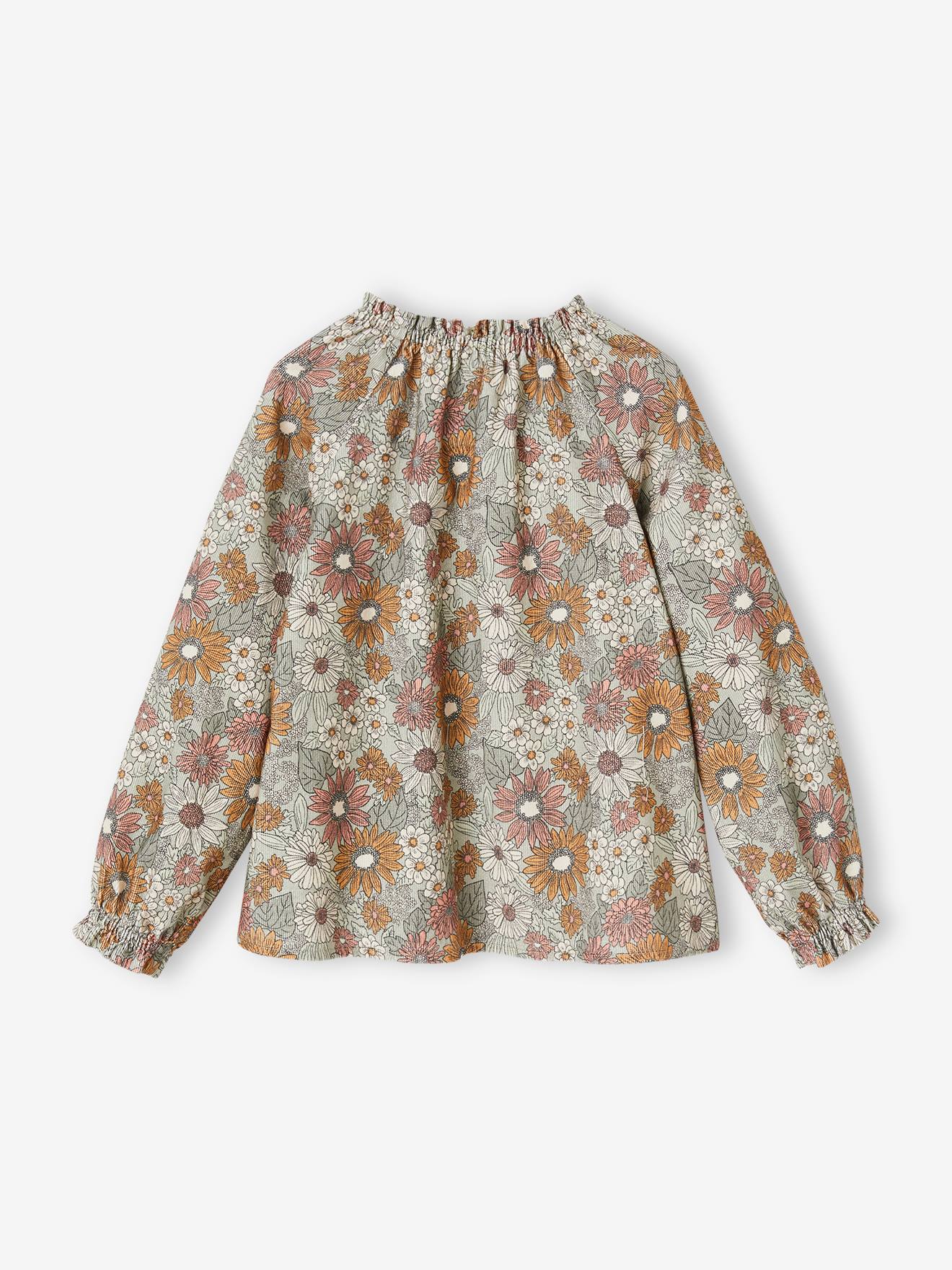 Blusa de veludo cotelê rosa antigo com estampa floral para meninas