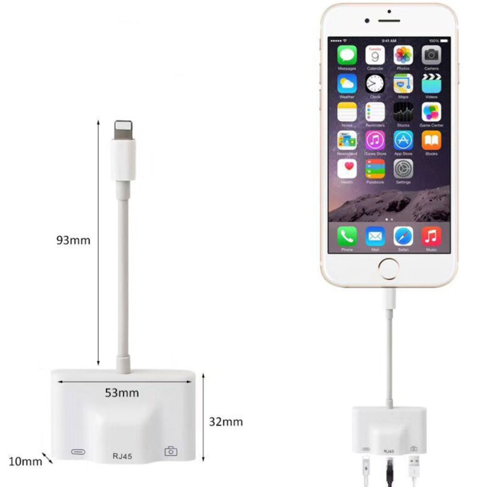 Lightning auf USB A Kamera / Ethernet LAN RJ45 (10/100 Mbits) Adapter mit Ladeanschluss für Apple iPhone / iPad - Weiss