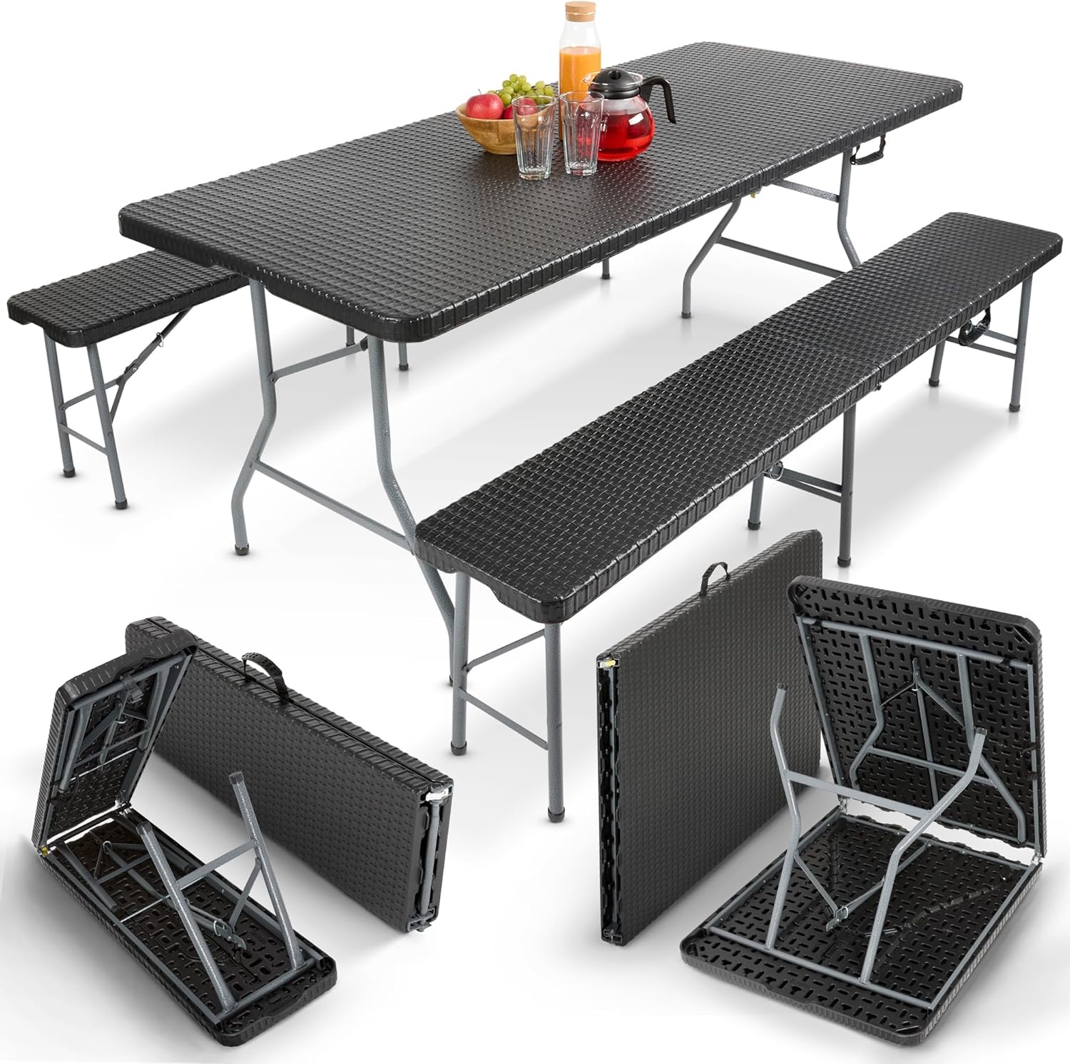 Arebos Bierzeltgarnitur 3-teilig Set Tisch + 2 x Bank | Festzeltgarnitur für drinnen - draußen | Biertisch Set | Zusammenklappbar & mit Tragegriff Campingtisch | Rattan-Look Schwarz