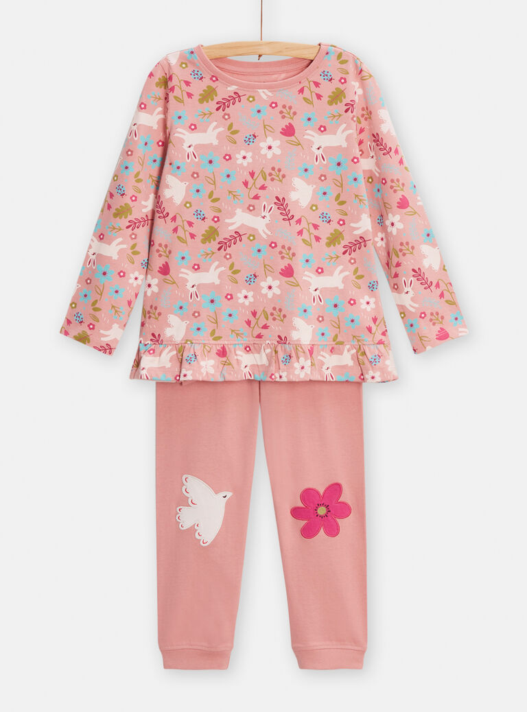 Pyjama rose en côtes imprimé fantaisie pour fille