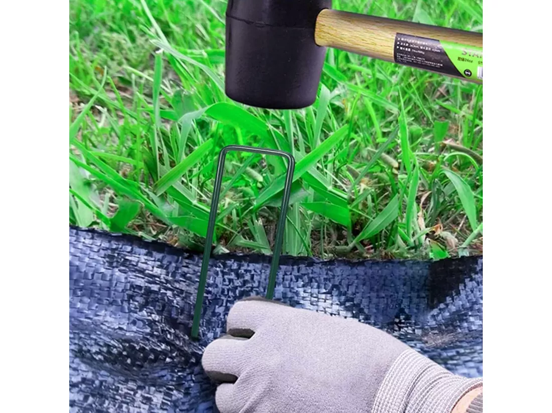 100 Pcs Fixation en Acier Vert - piquets de jardin antirouille - 150 mm, pour le contrôle des mauvaises herbes, membrane, tissu