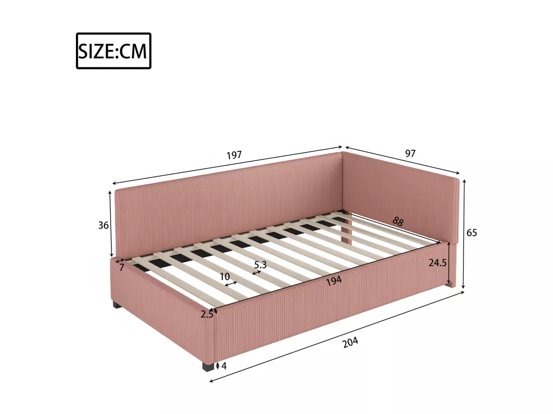 Lit banquette capitonné 90x200cm en velours - avec sommier à lattes - Rose