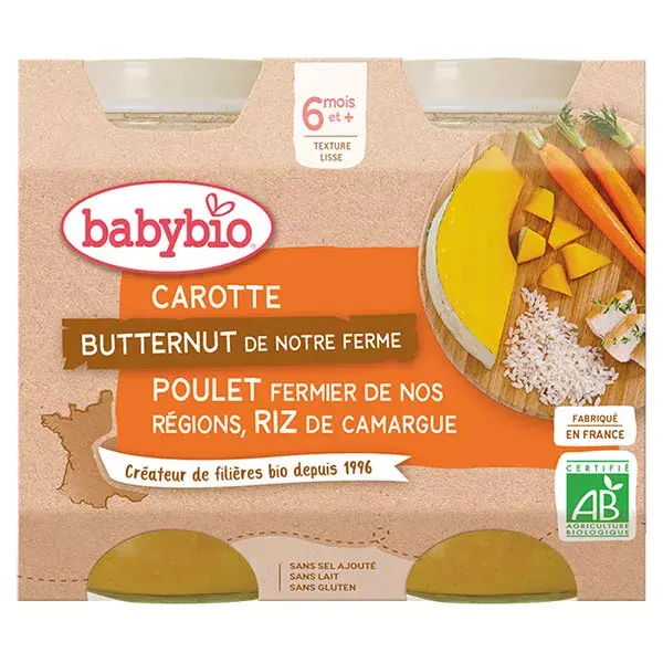 Babybio Petits Pots Midi Carotte Butternut Poulet Riz +6m Bio 2 x 200g