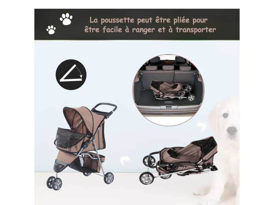 Poussette buggy pour chien chat animaux roue avant pivotante 360 degrés marron