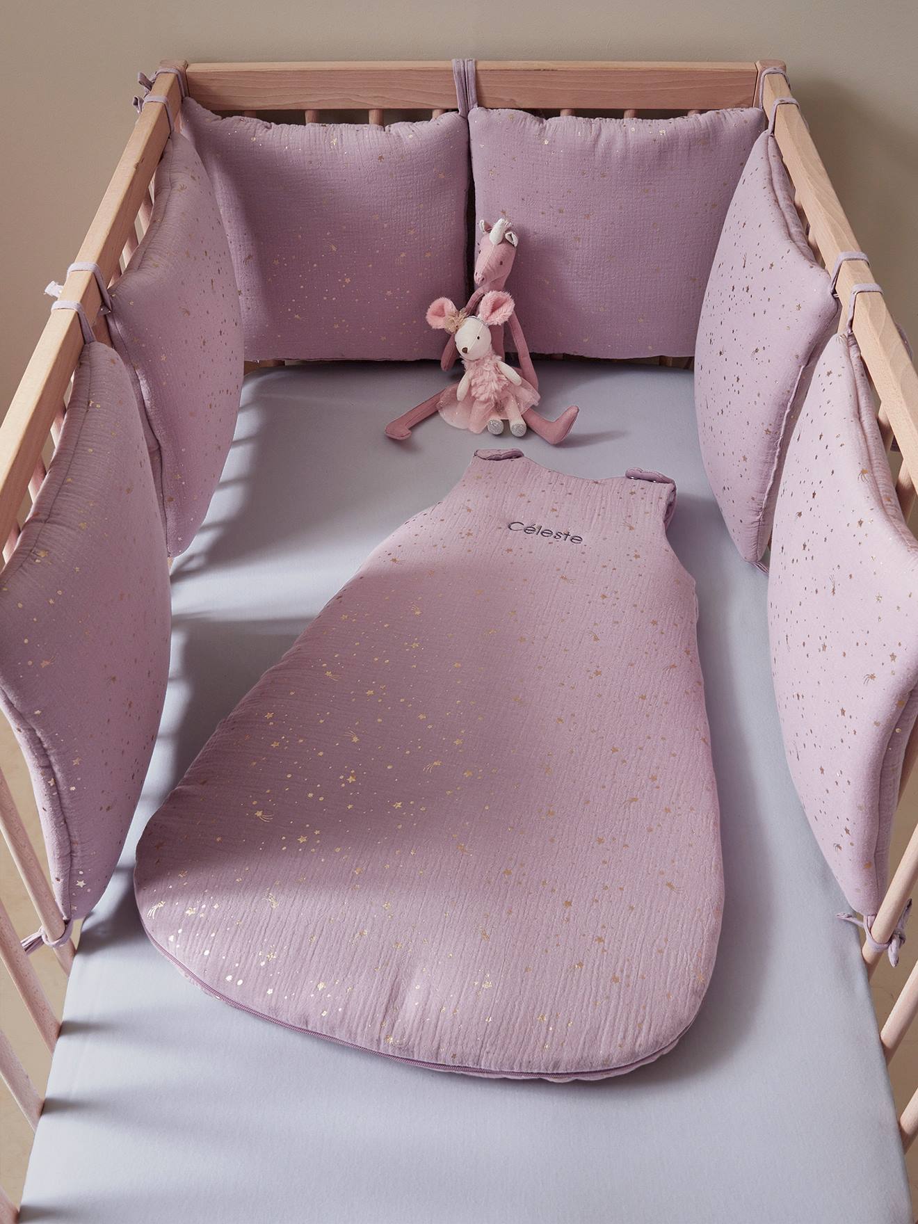 Protetor de berço modular em gaze de algodão orgânico / protetor de cercado* Estampa de pipa rosa claro