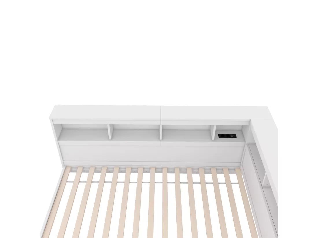 Lit banquette 90x200cm - avec Ports de USB et rangements - Blanc
