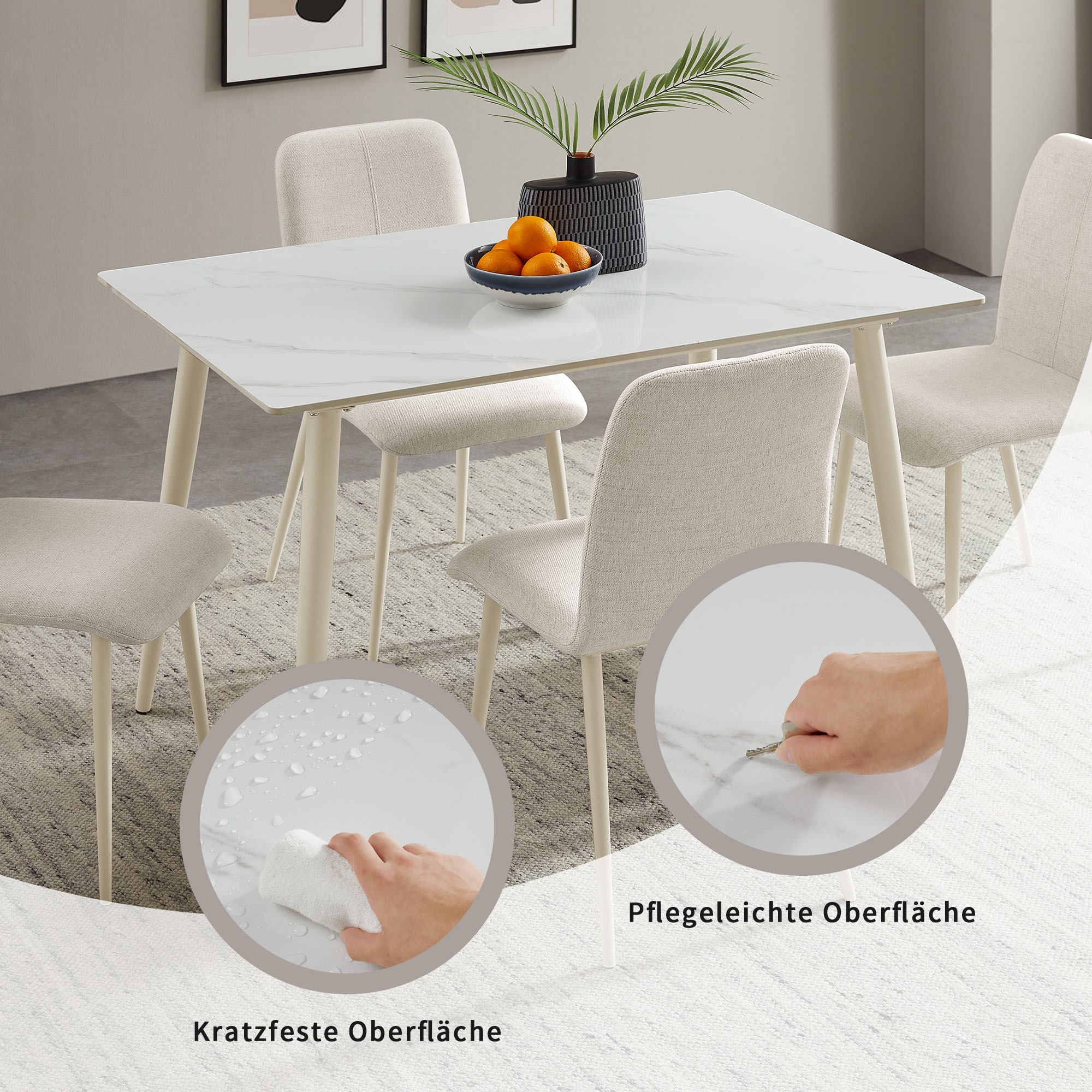 GOODproduct Essgruppe »Kryce« Set, 120 cm Esstisch + 2 Stühle + Bank, 4 Stk. tlg. Strukturstoff, robustem Metallgestell, Tischplatte aus Sinterstein